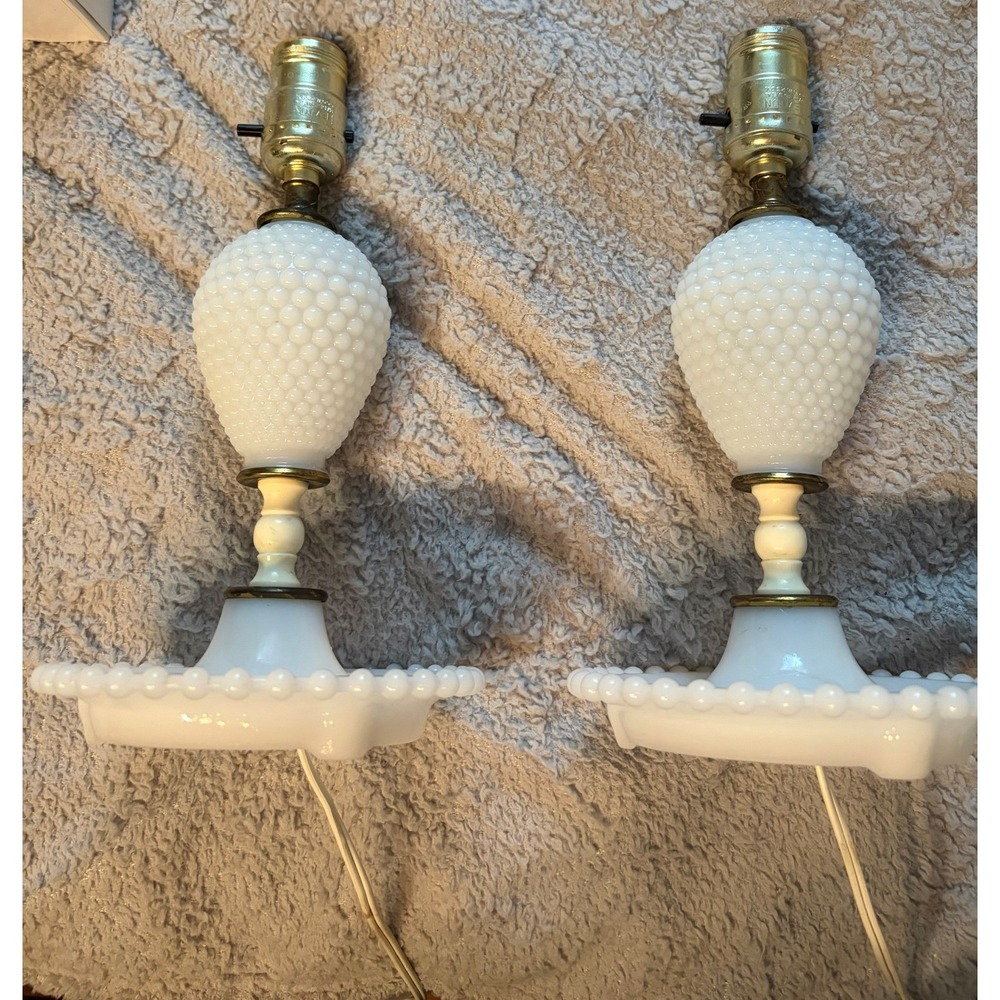 Vintage White Milk Glass Hobnail Boudoir Table Lamps (2) 11.5"